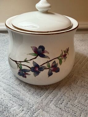 Porcelain Floral Covered Sugar Jar with Purple & Blue Blossoms